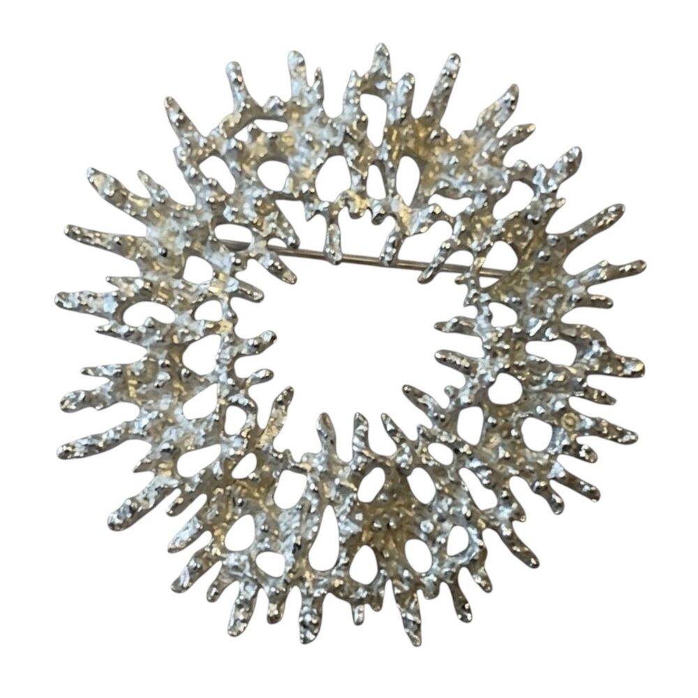 Emmons VTG 1960s Silver Tone Brutalist Wreath Brooch Sunburst Open Circle Pin